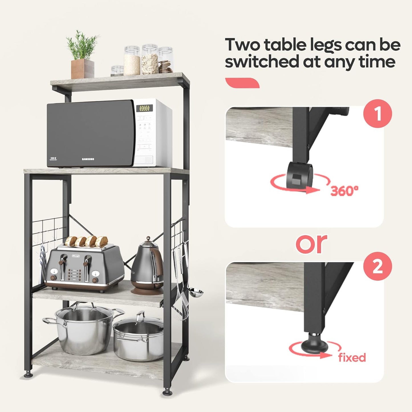 Kitchen Bakers Rack Microwave Stand Kitchen Cart on Wheels Utility Storage Shelf with 10 Side Hooks Kitchen Organizer Shelves with Adjustable Feet