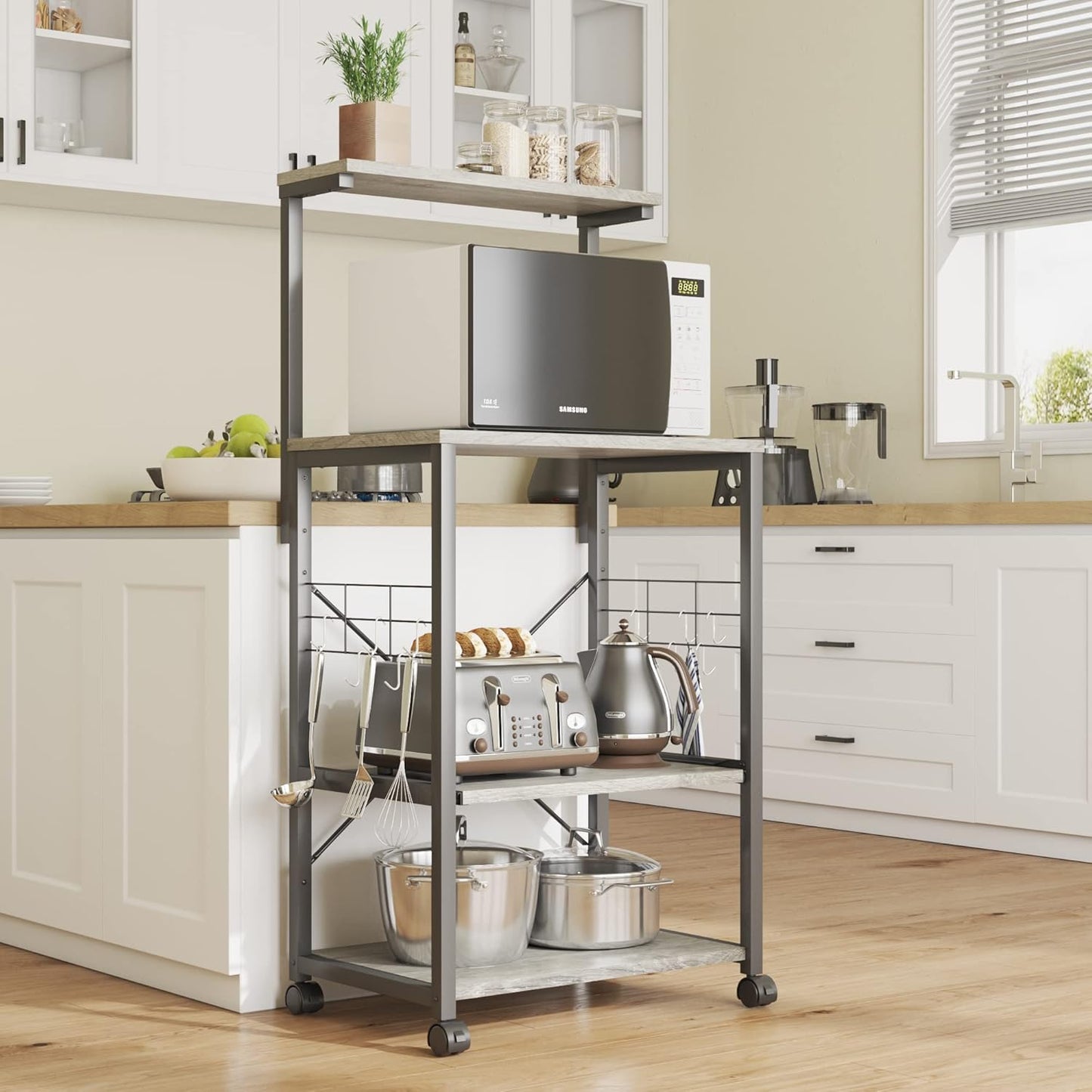 Kitchen Bakers Rack Microwave Stand Kitchen Cart on Wheels Utility Storage Shelf with 10 Side Hooks Kitchen Organizer Shelves with Adjustable Feet